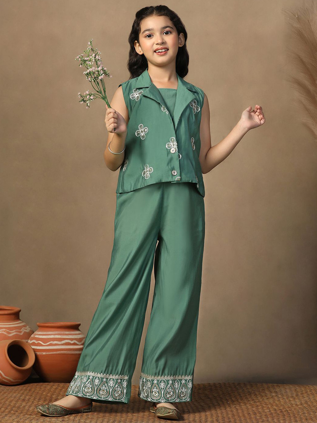 BAESD Girls Embroidered Regular Chanderi Silk Crop Top and Palazzo with Jacket.
