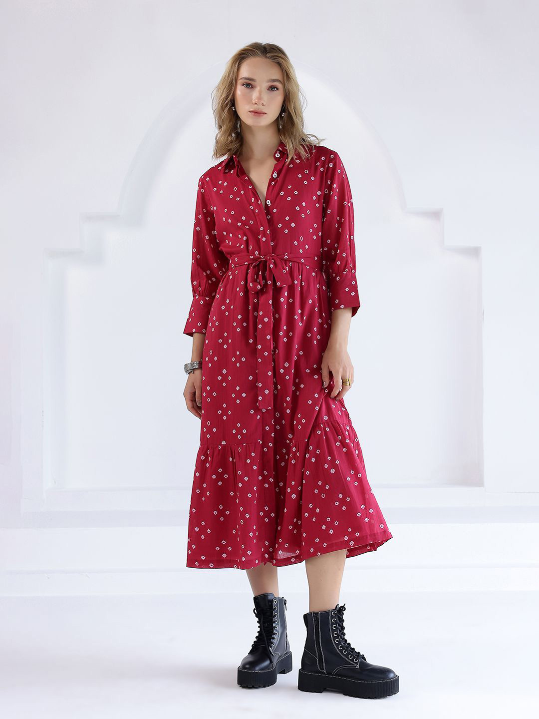 KALAMIR Women Bandhej Print Tiered  Shirt Dress