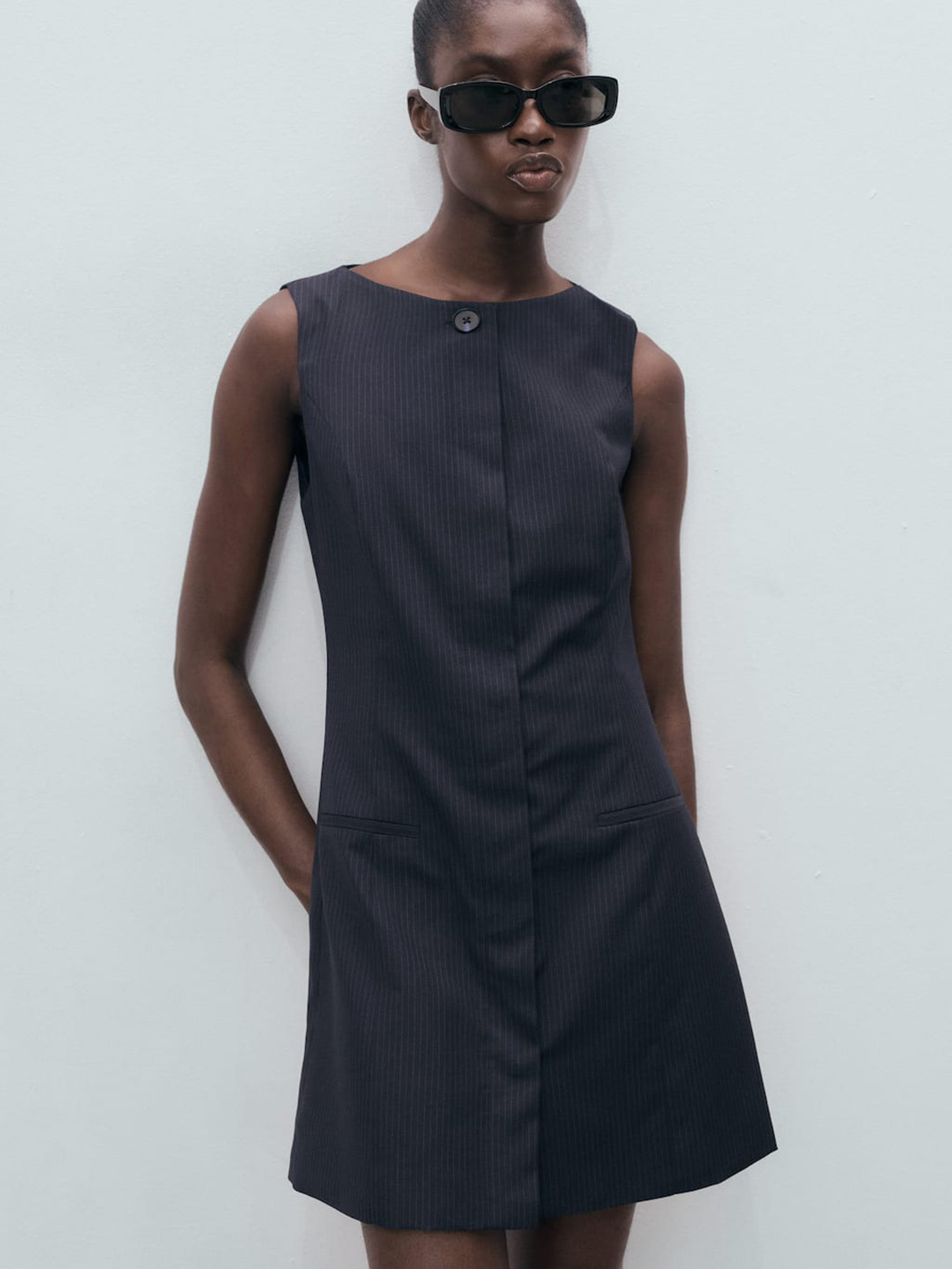 MANGO Pinstriped Boat Neck A-Line Mini Dress