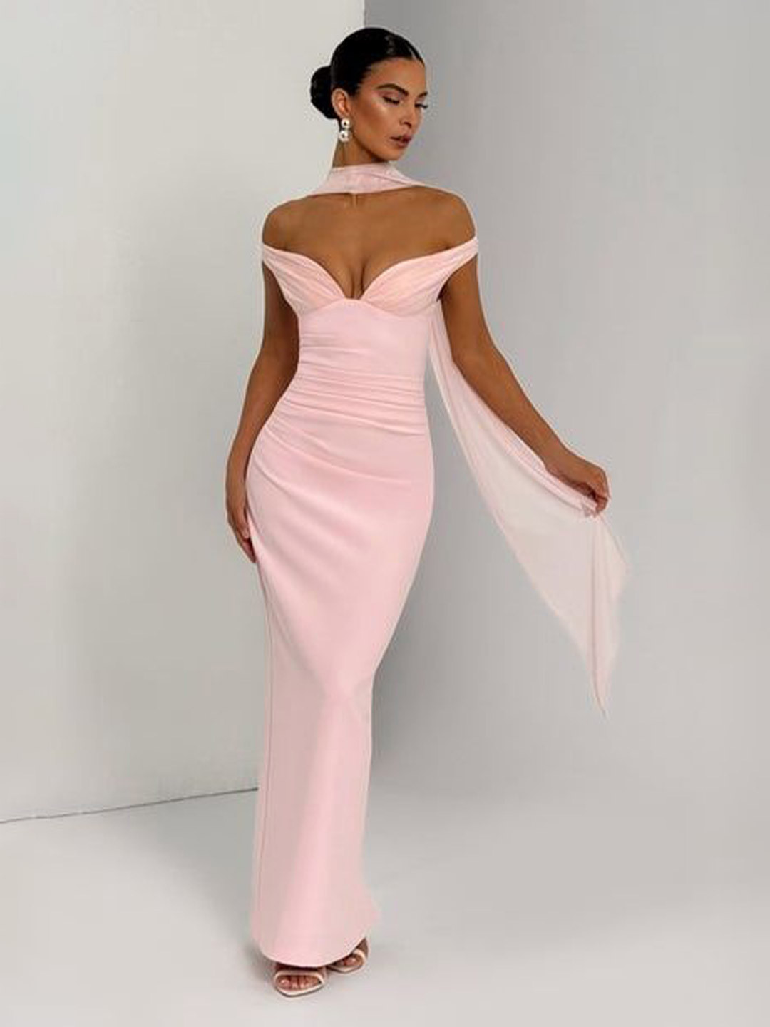 Bee Boe Women Bardot Column Blush Maxi Dress