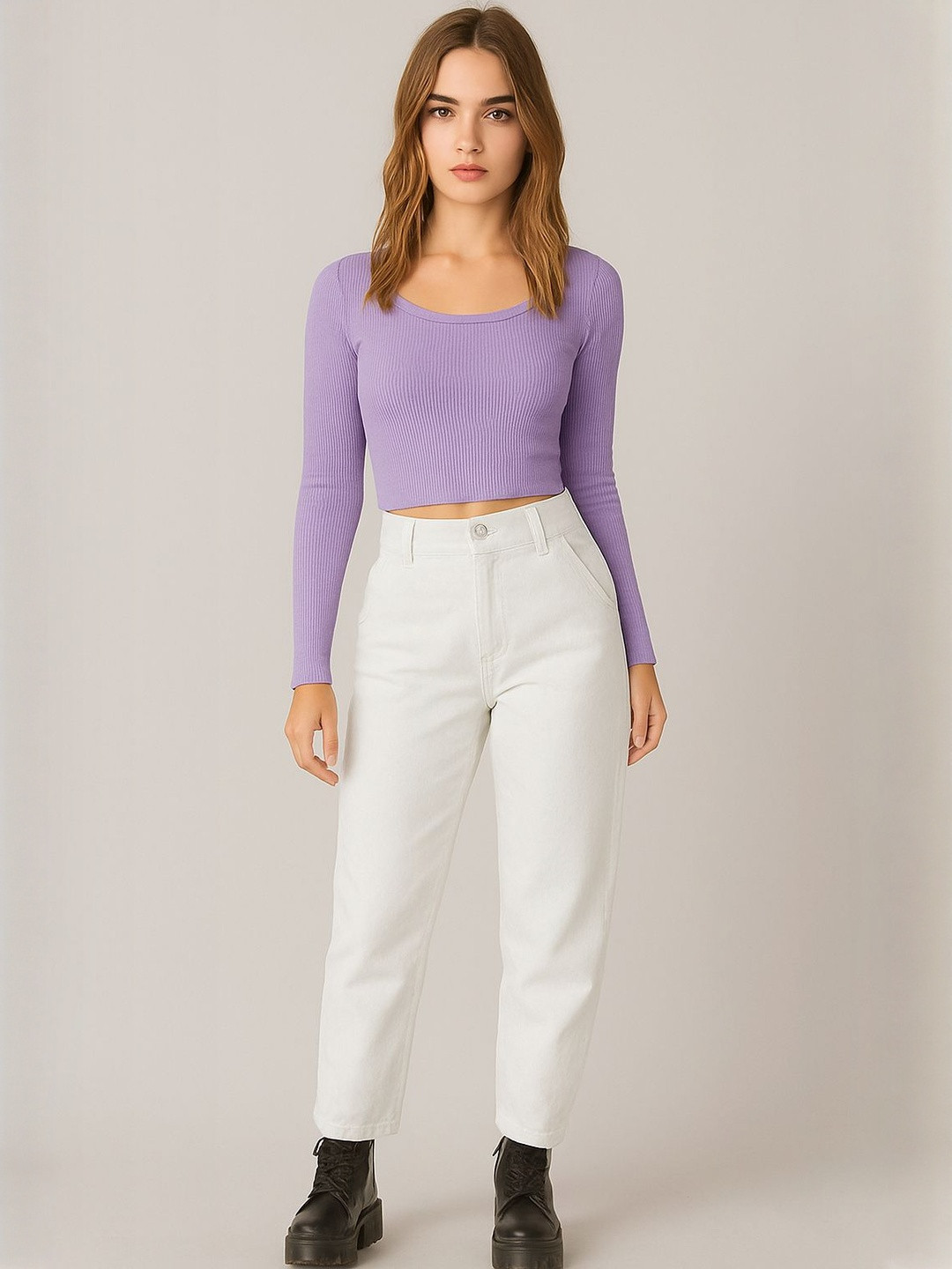 Lagashi Women Lavender Scoop Neck Long Sleeves Cotton Crop Top