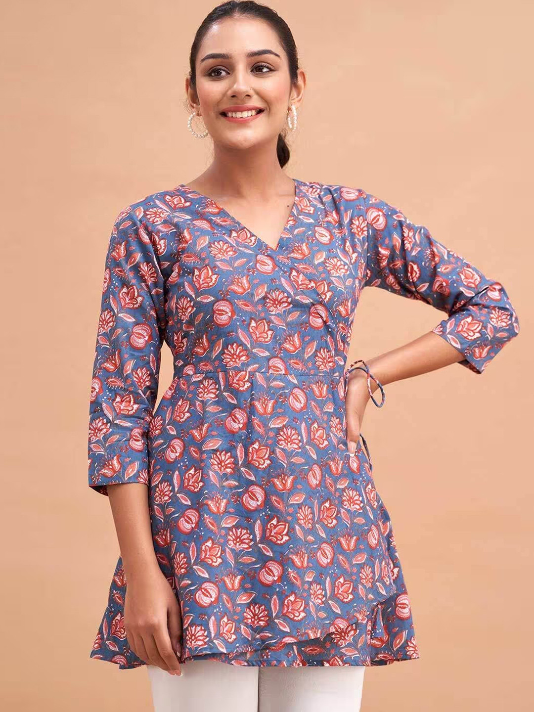 LIVING ROOTS Women Floral Block Printed V-Neck Pure Cotton Angrakha Casual Short Kurti