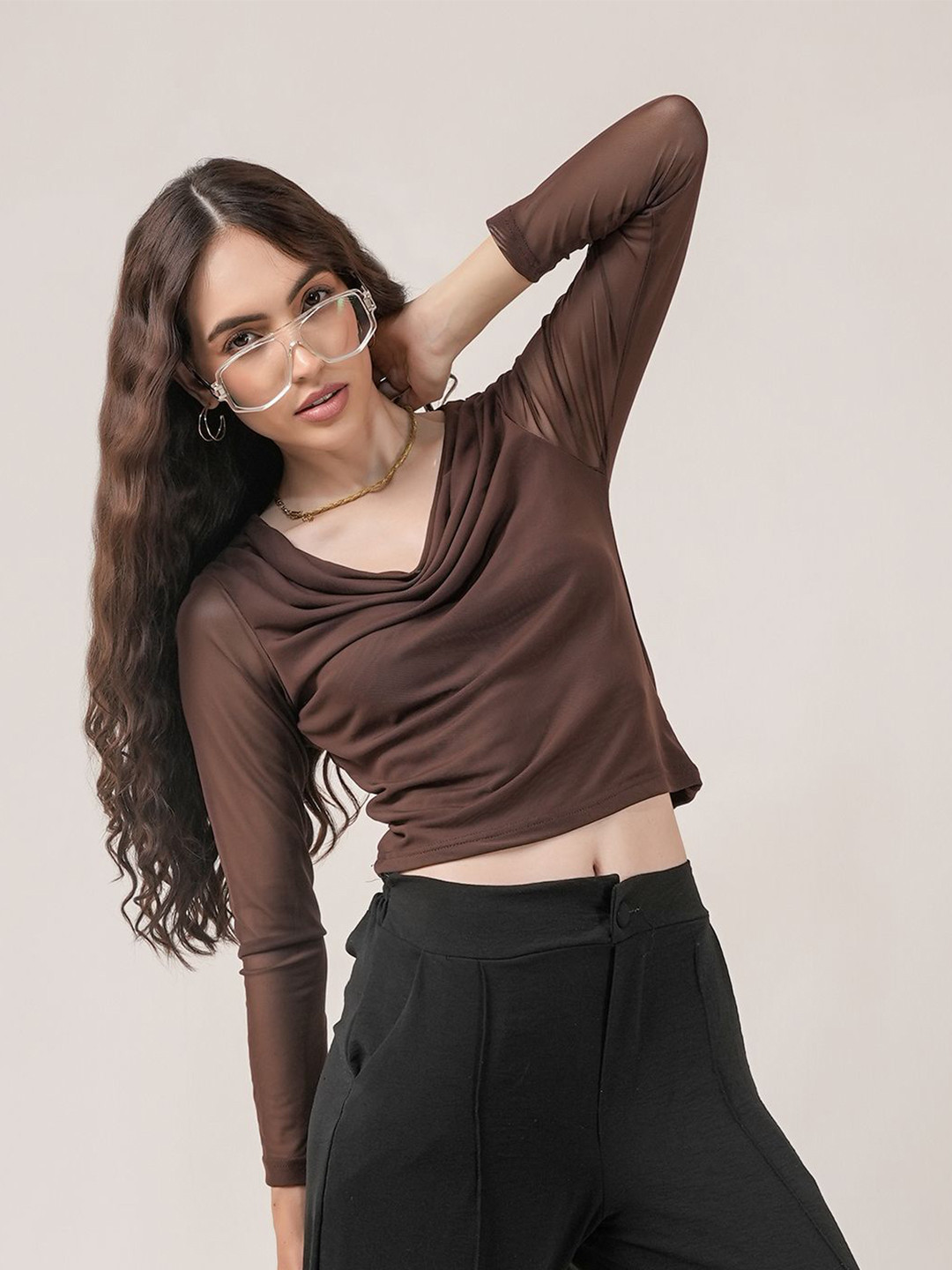 clobug Women Cowl Neck Sheer Net Crop Top