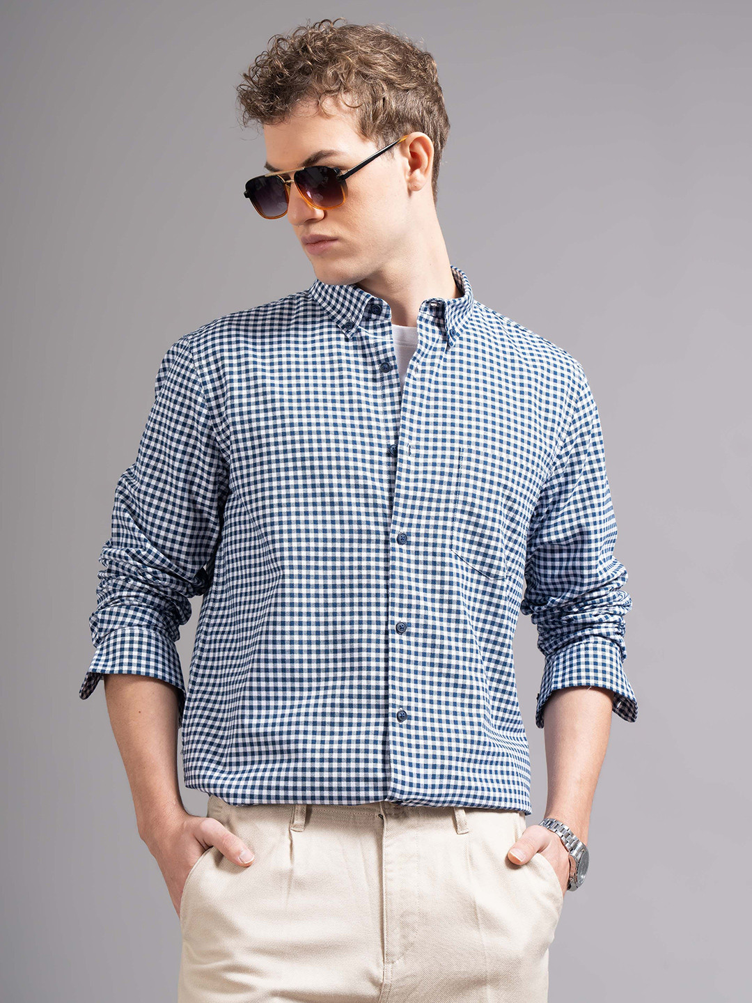 British Club Men Smart Fit Micro Checked Button-Down Collar Cotton Casual Shirt