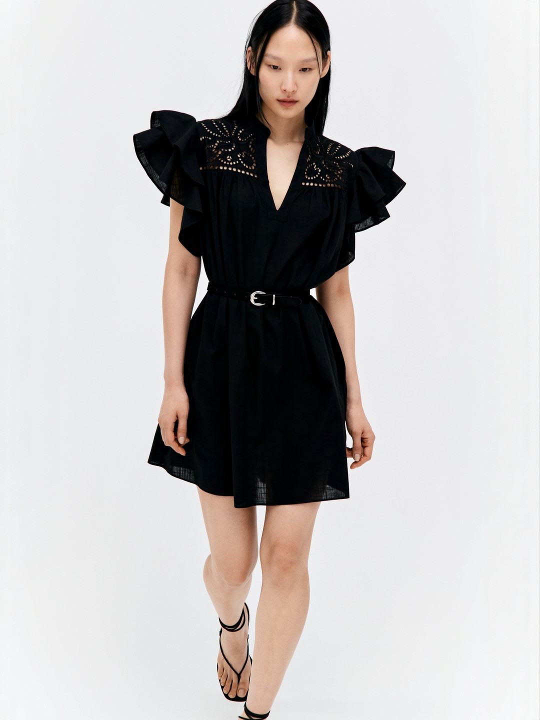 H&M Flutter-Sleeve Dress With Broderie Anglaise