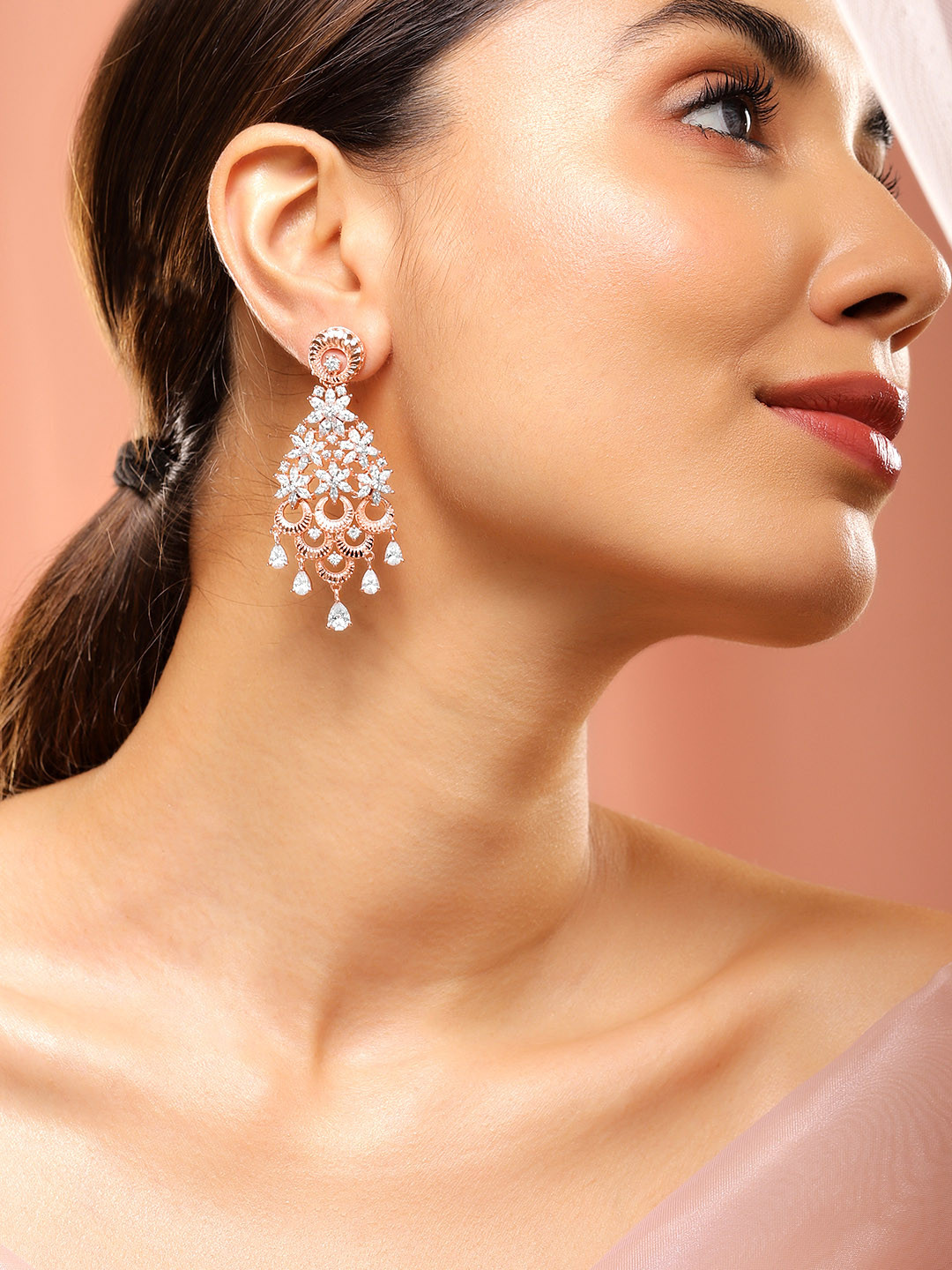 Rubans 18K Rose Gold & Gold-Toned Cubic Zirconia Stone Cascading Floral Chandelier Earring