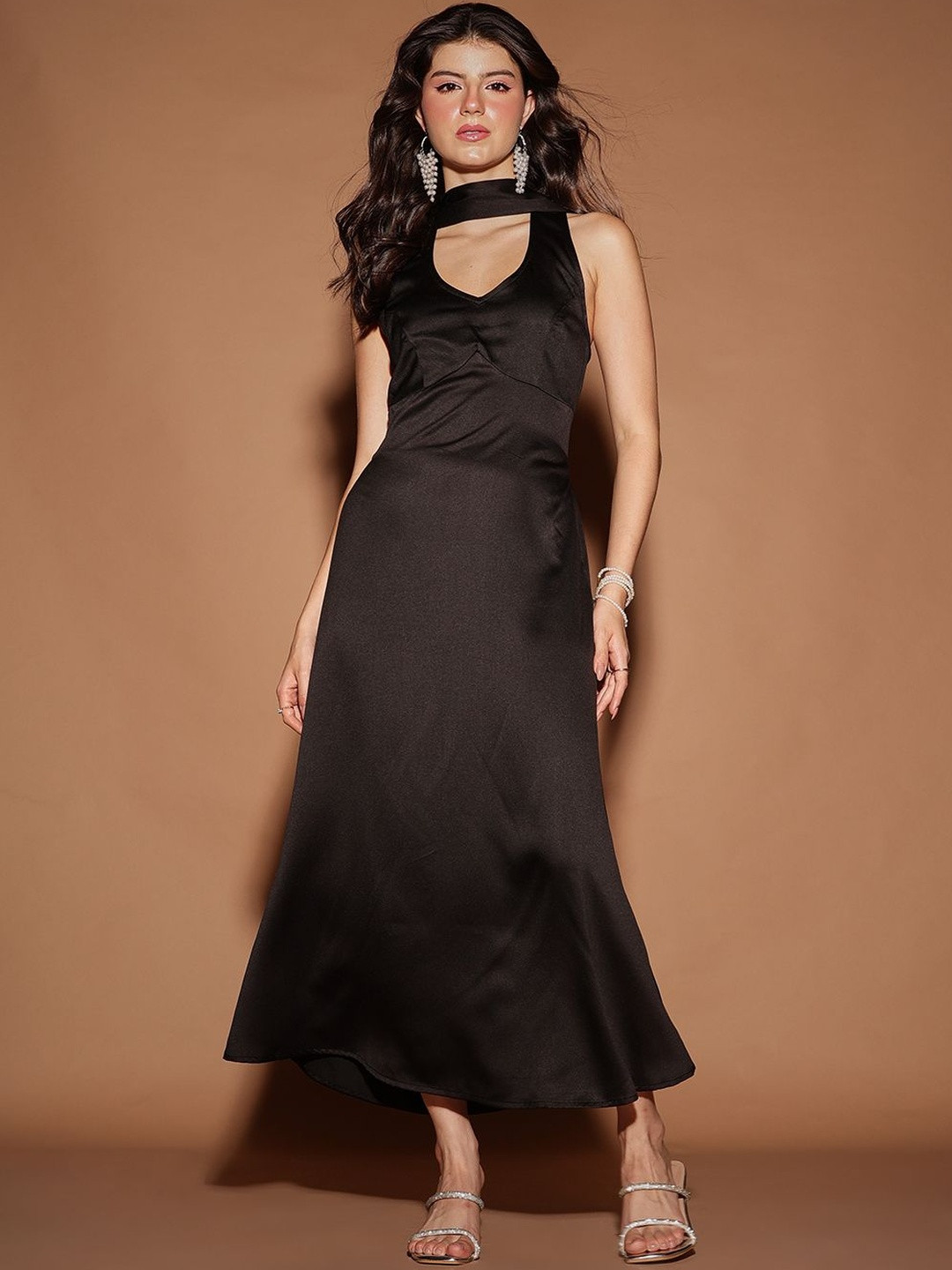 STREET 9 Scandinavian Women Scarf Neck Smocked Fit & Flare Maxi Dress