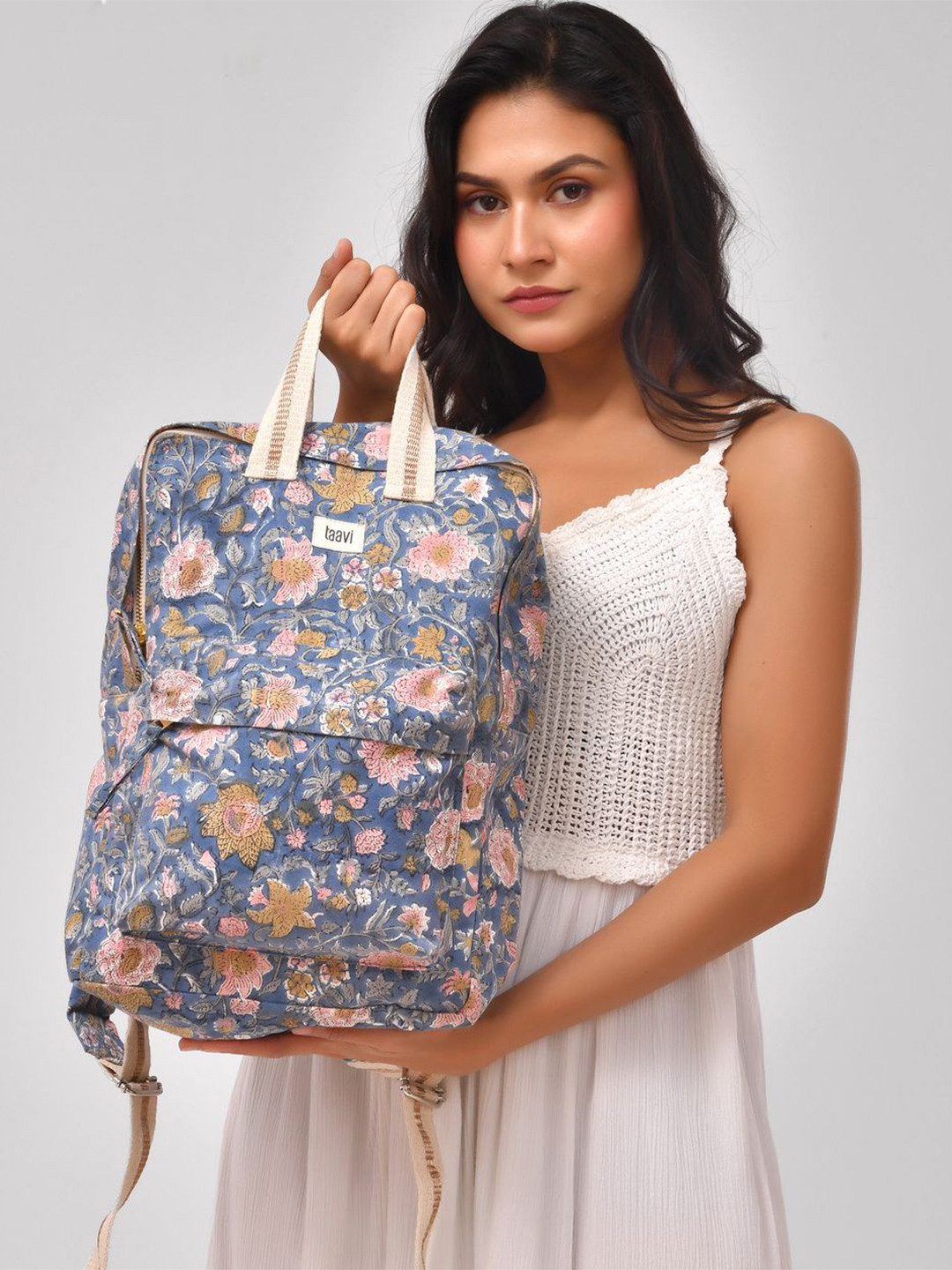 Taavi Women Floral Block Printed Canvas College Backpack