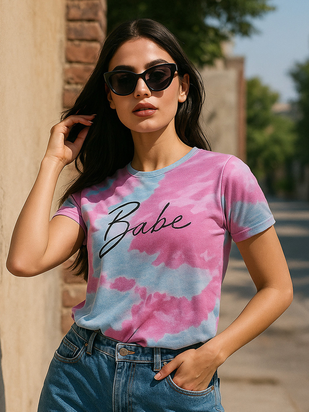 JUNEBERRY Women Blue & Purple Tie Dye Round Neck Regular Fit Pure Cotton T-shirt