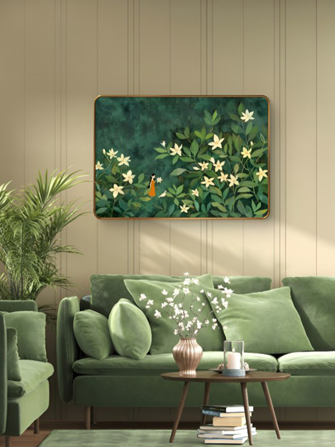 SAF Green & White Greeny flower Sparkle Lamination Finished Wood Wall Painting