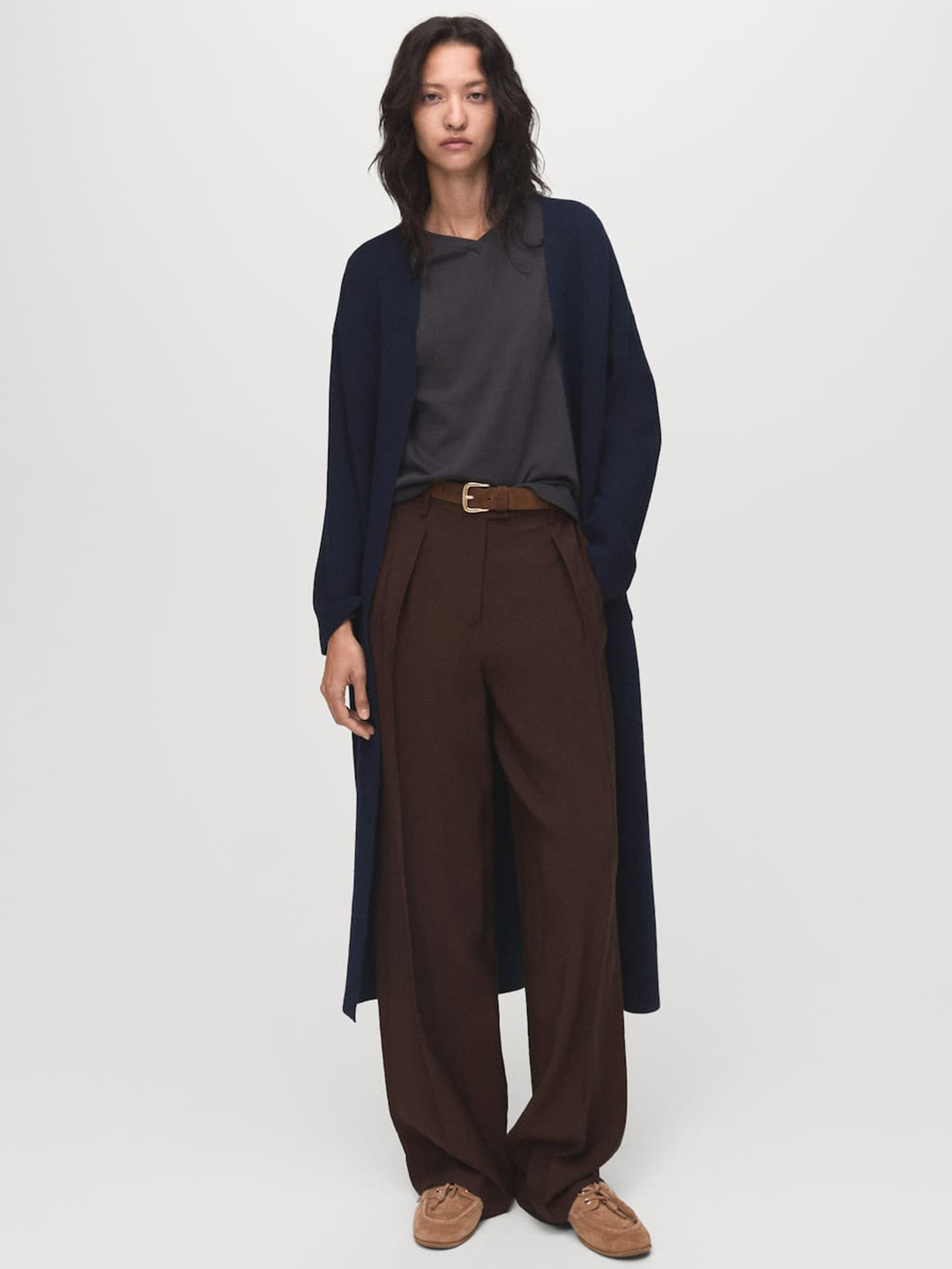 MANGO Ribbed Collarless Drop-Shoulder Sleeves Longline Front-Open Sweater