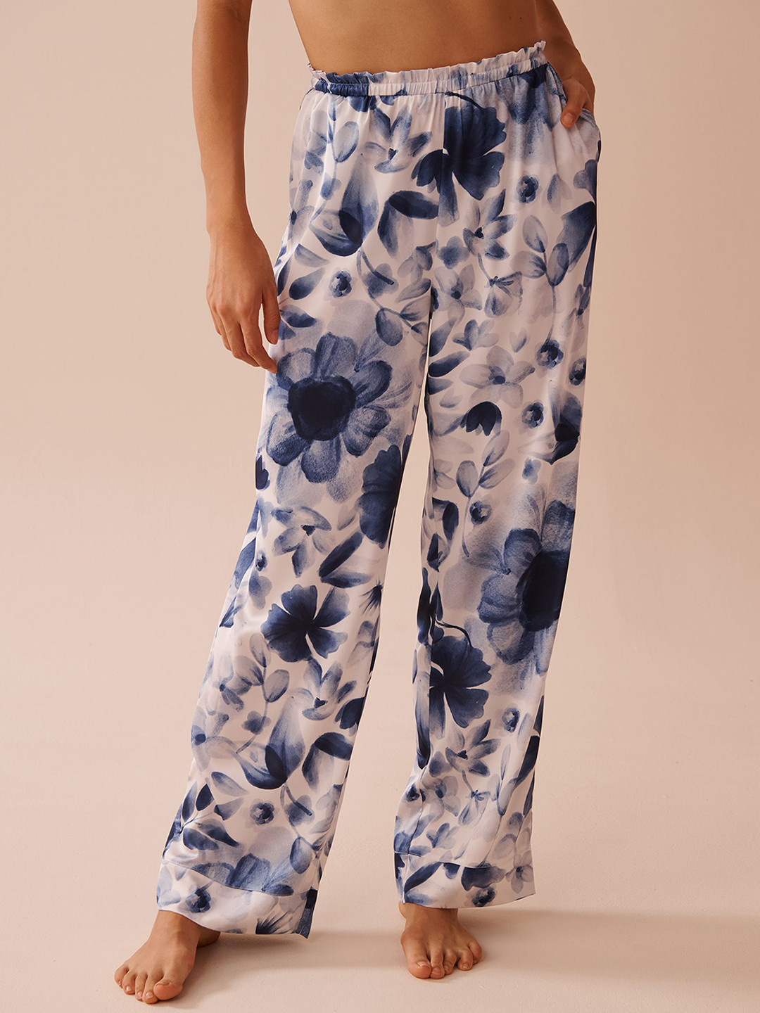 La Vie en Rose Women Floral Printed High-Rise Frill Detail Satin Lounge Pants