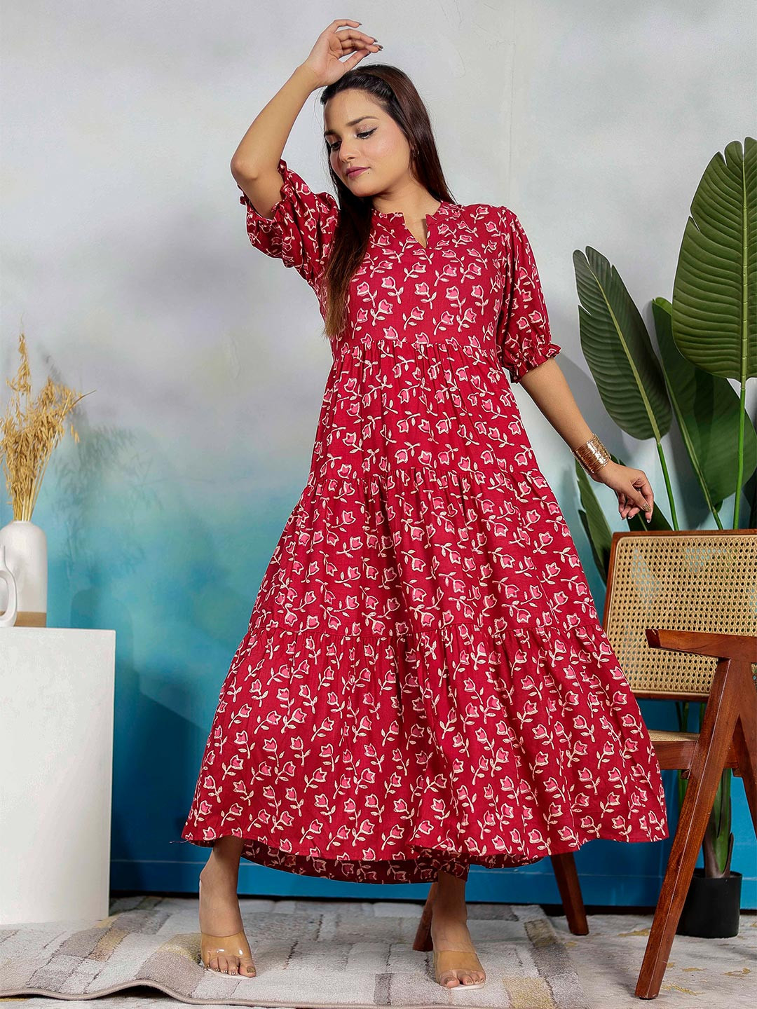 PRESHA Women Floral Printed Tiered Fit and Flare Maxi Dress