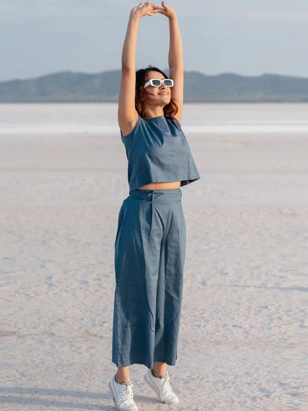 HERE&NOW Women Blue Sleeve Less Round Neck Top & Trousers Co-Ords Set