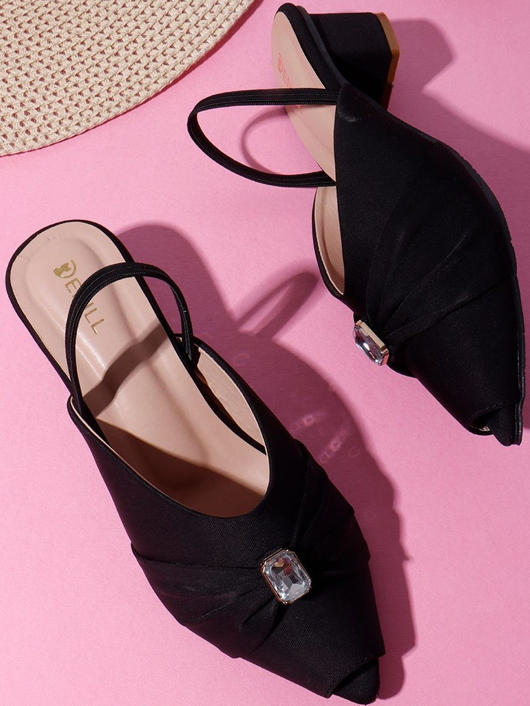 Denill Women Black Gemstone Buckle With Open-Toe Block Heel Sandals