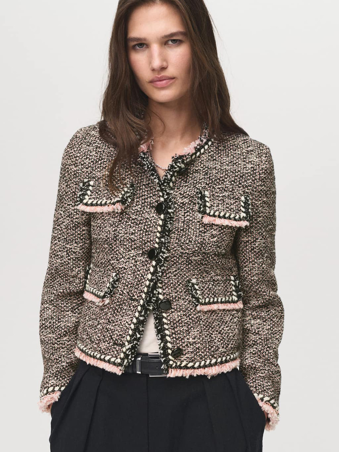 MANGO Frayed Edges Crop Tweed Jacket