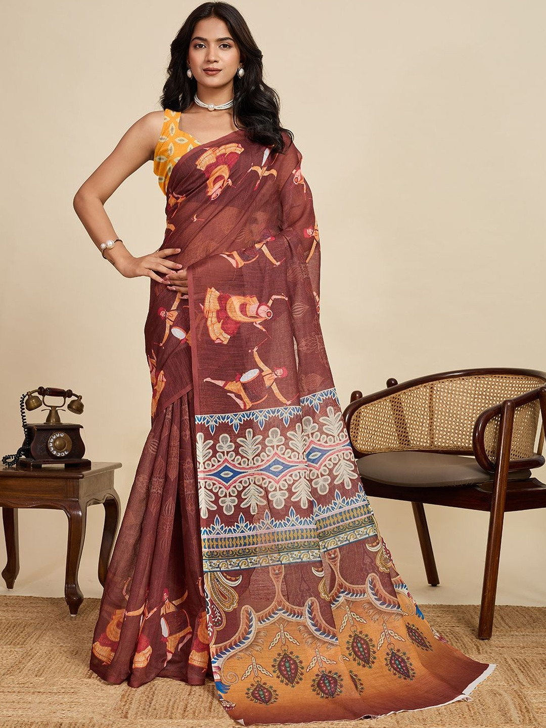 KALINI Floral Printed Linen Saree With Blouse Piece