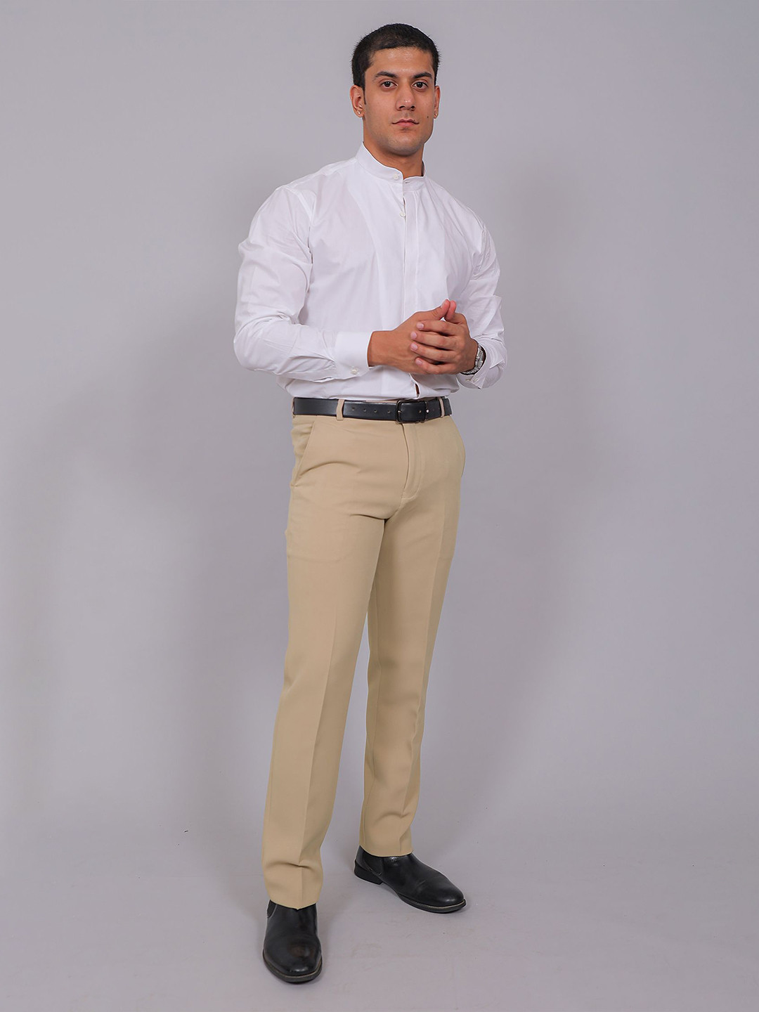 BLUEBIRD Men Sharp Fit Solid Band Collar Cotton Formal Shirt