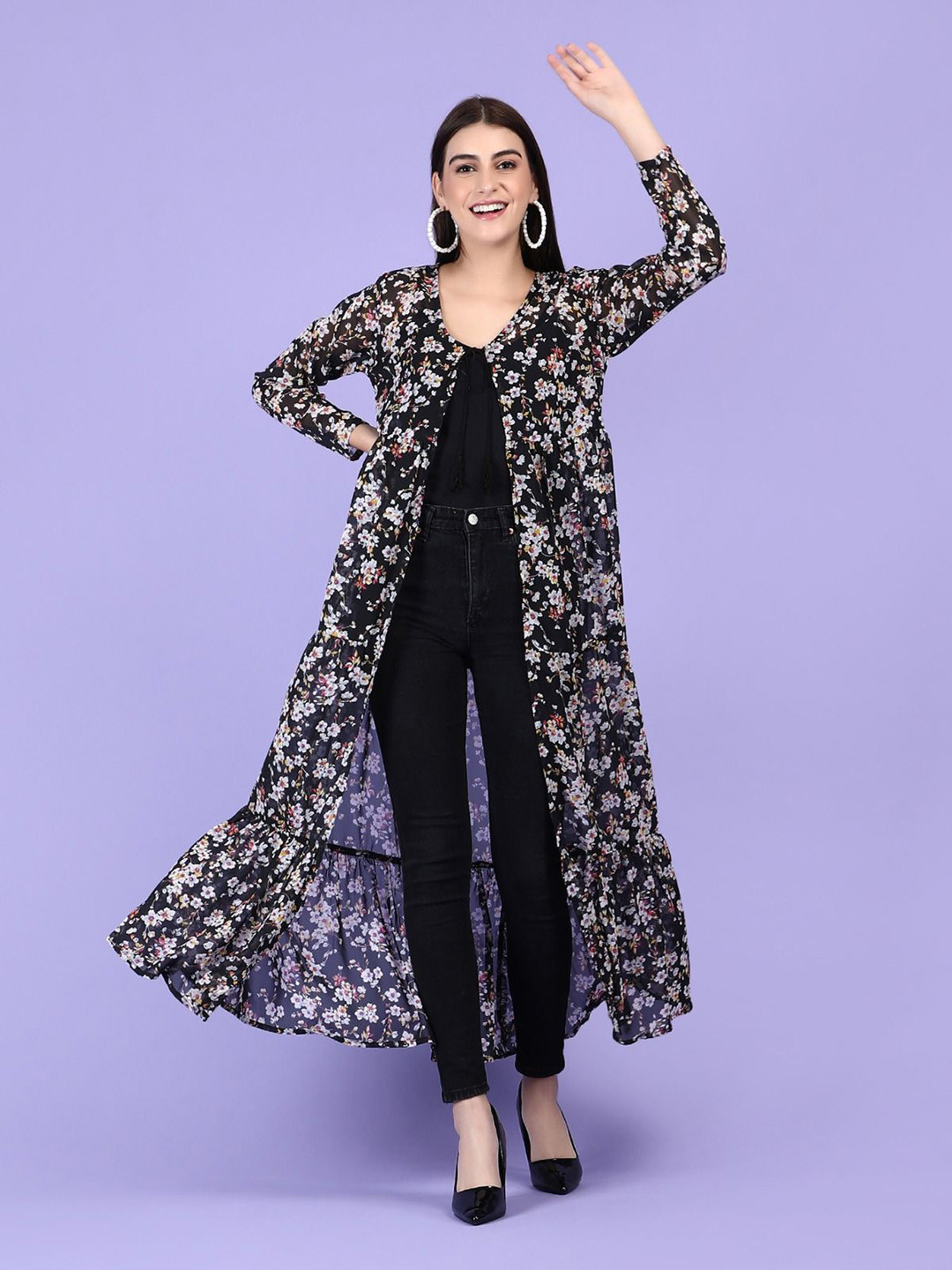 Lush&Loom Lifestyle Floral Printed Tie-Up Neck Georgette Longline Shrug