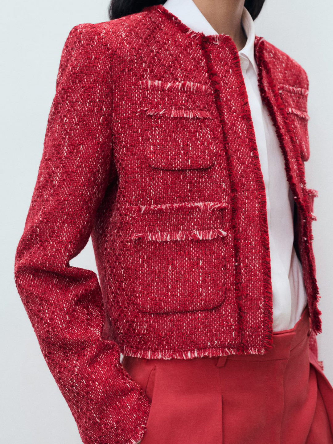 MANGO Open Front  Frayed Edges Crop Tweed Jacket