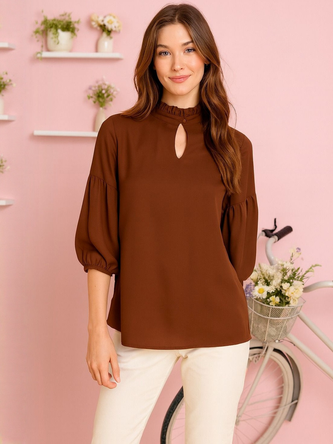HERE&NOW Women Tiered Sleeves Band Collar Georgette Top