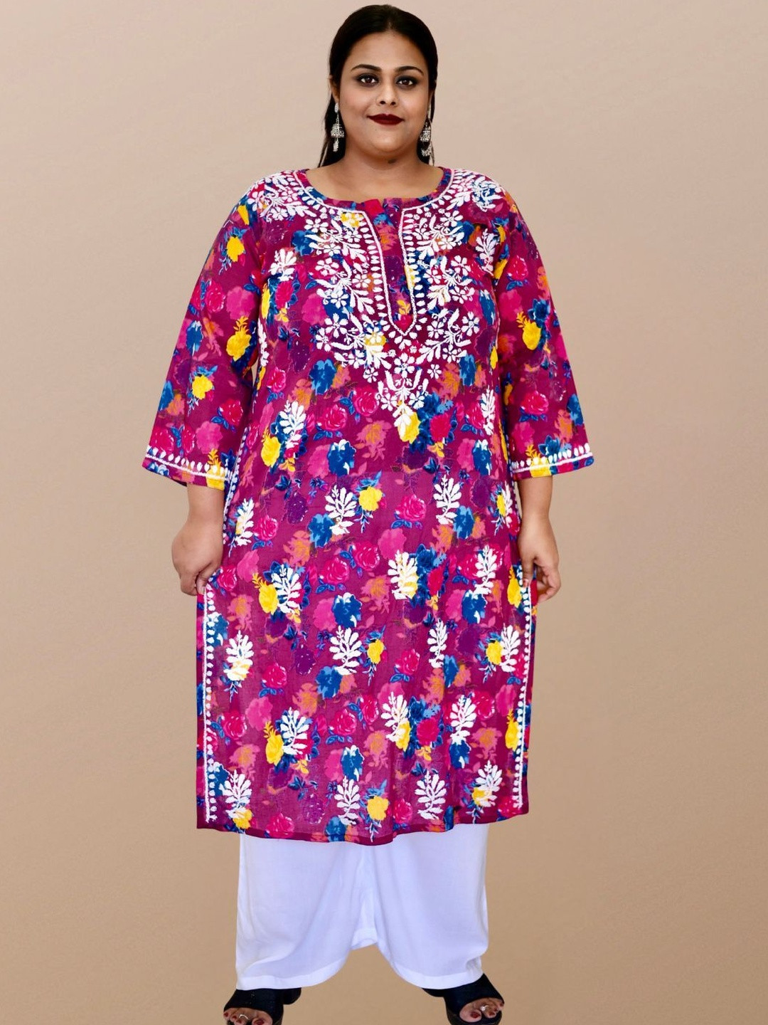 myplusfashion Women Plus Size Hand Embroidered Cotton Lucknowi Chikankari Kurta