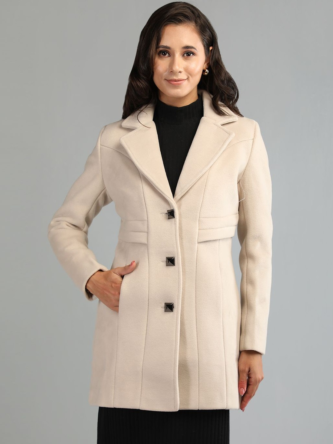 Roadster Women Beige Casual Regular Fit Notched Lapel Long Sleeves Stylish Winter Coat
