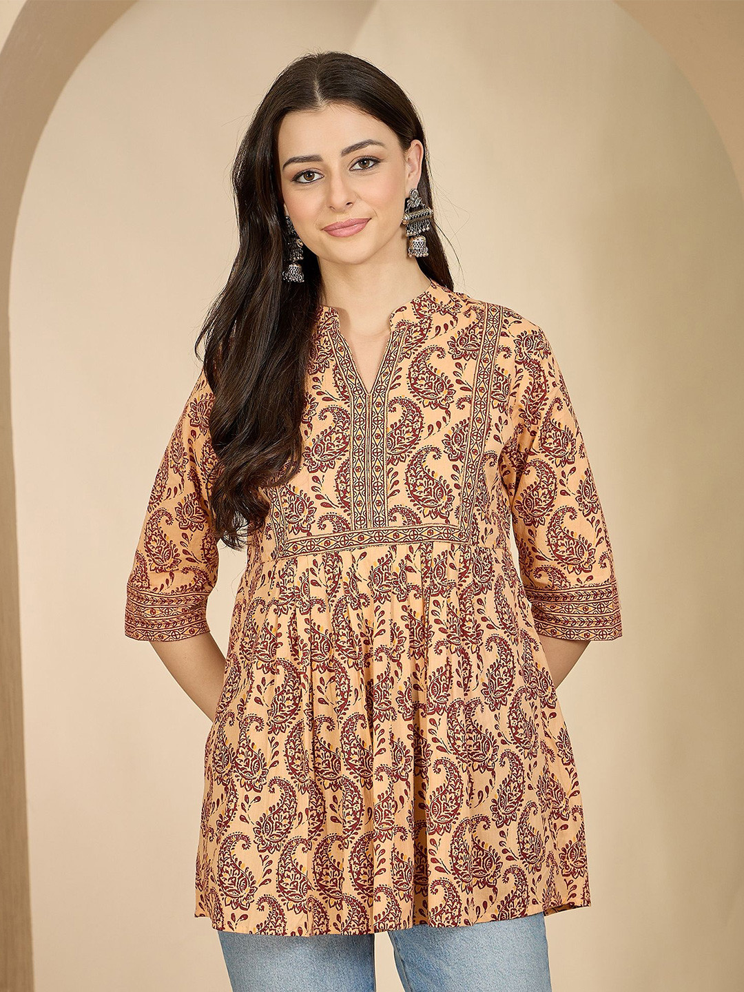 VANSIRI Women Paisley Printed Mandarin Collar A-Line Top