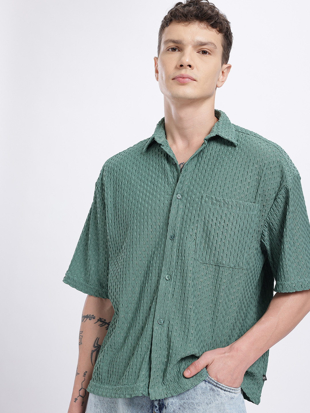 glitchez Textured Chest Pocket Detail Oversized Shirt