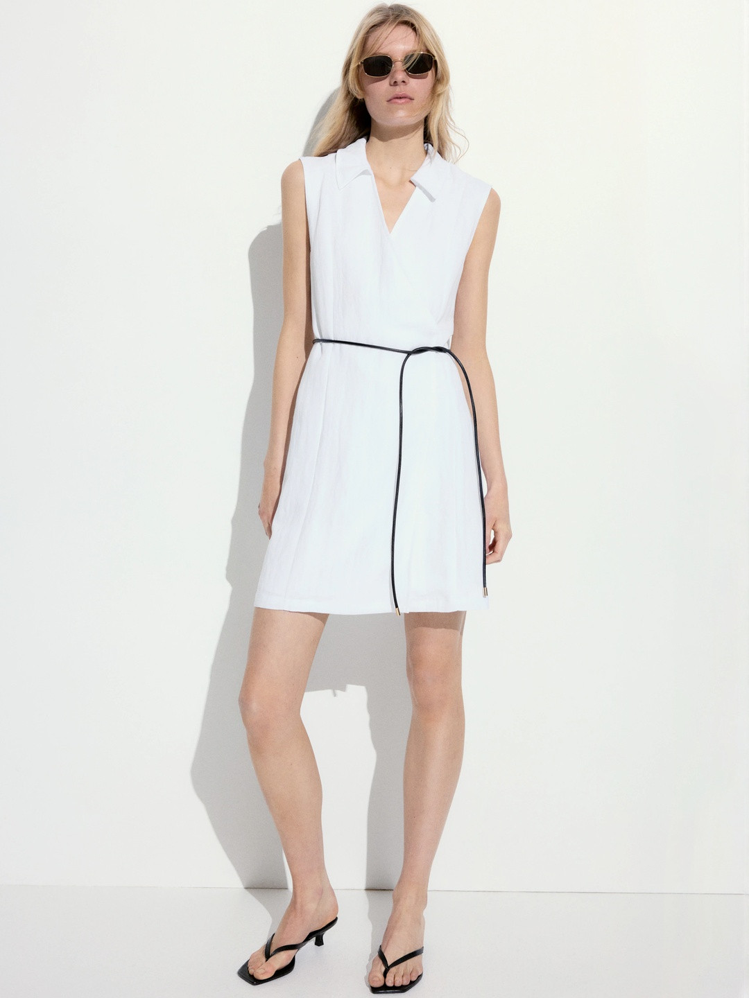 H&M Women A-Line Shirt Collar Tie-Belt Wrap Mini Dress