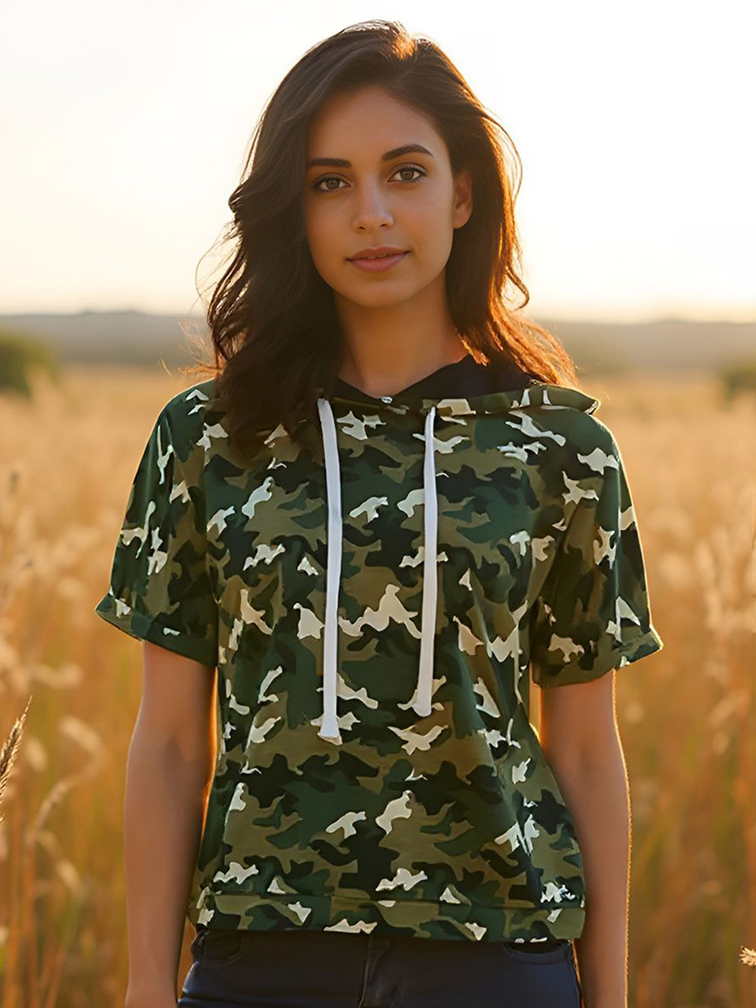 PINACOLADA Printed Hood Neck Utility or Military Inspired Regular Top