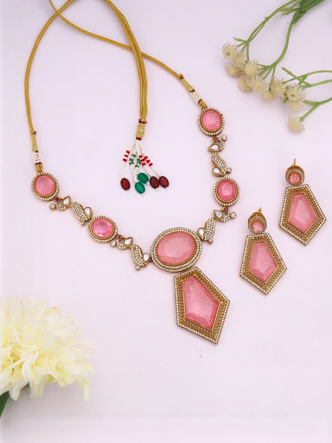 GIFTSSHO Gold-Plated Brass Polki Moissanite Necklace Set