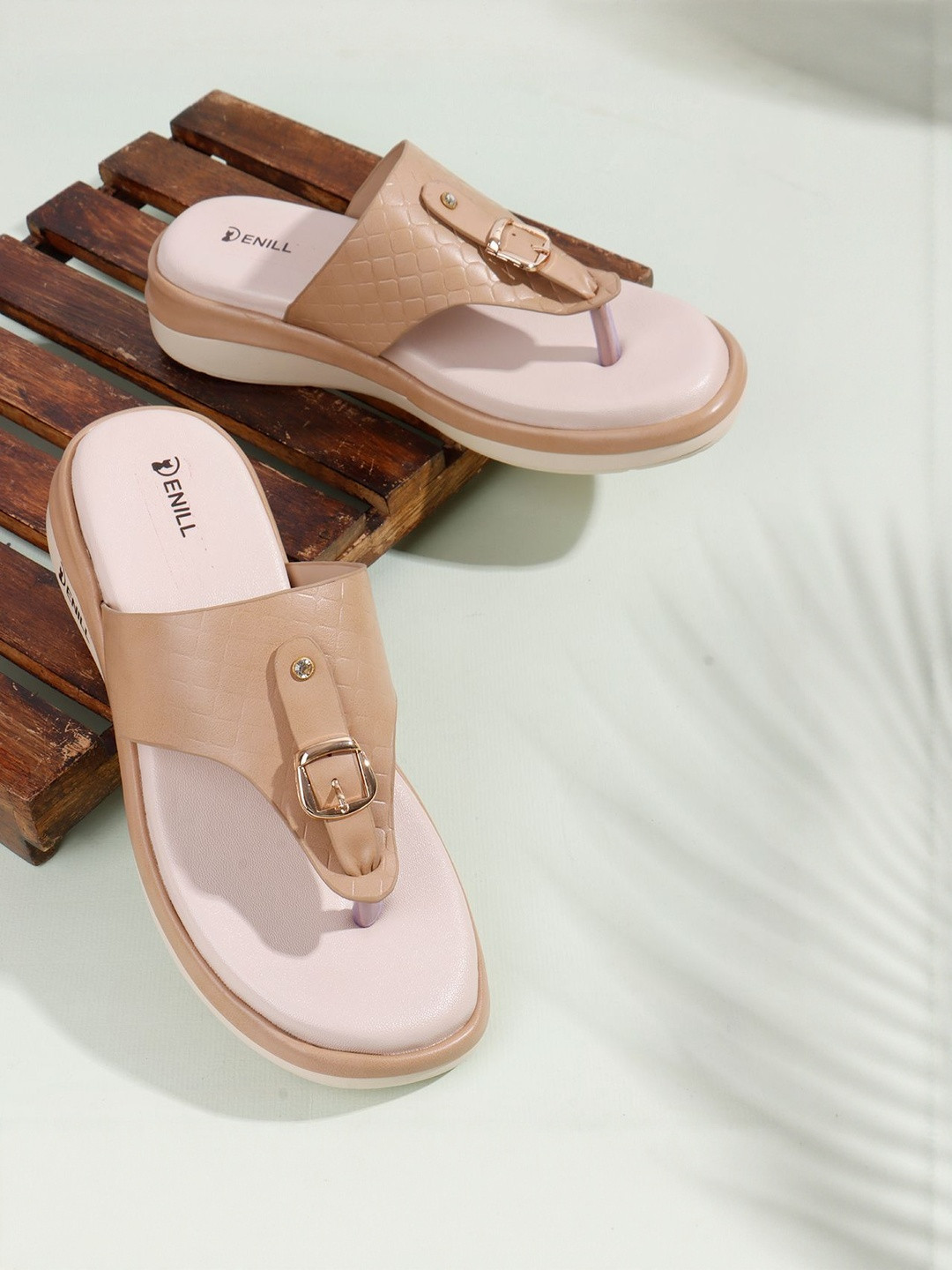 Denill Women Beige Croc Textured Cushioned Footbed Platform Sandals