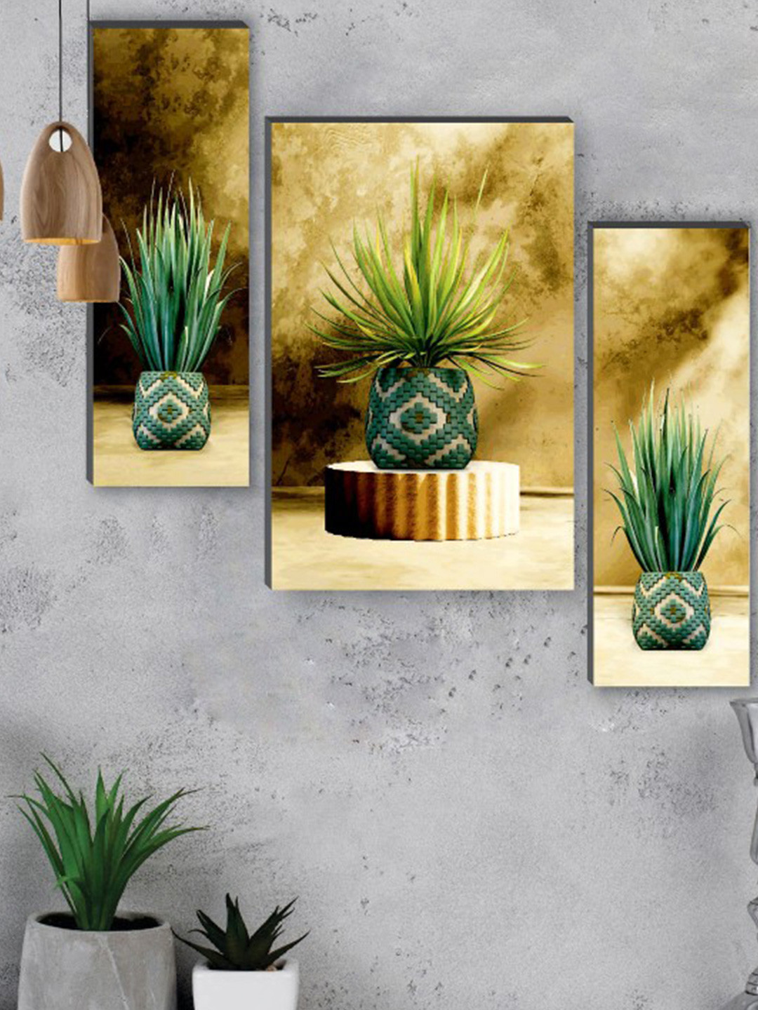 SAF Brown & Green 3 Pcs Pretty Flower Pot Painted UV Textured Self Adhesive Wall Art