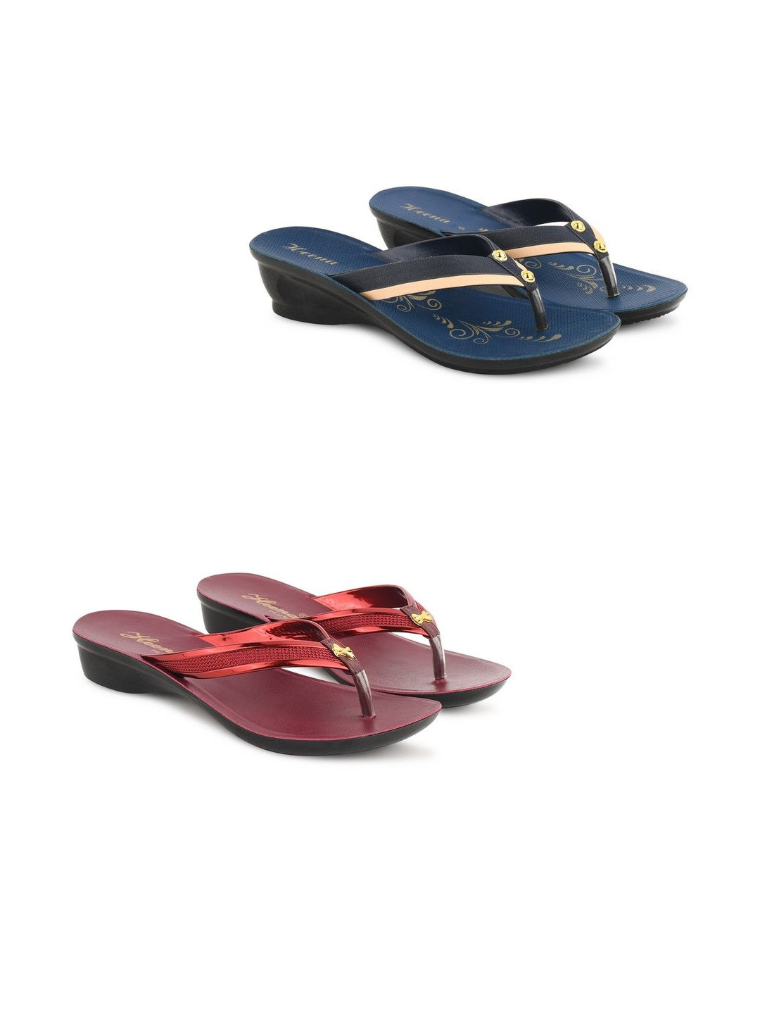Heenaplus Women 2 Pairs Blue & Cherry PU Comfort Sandals