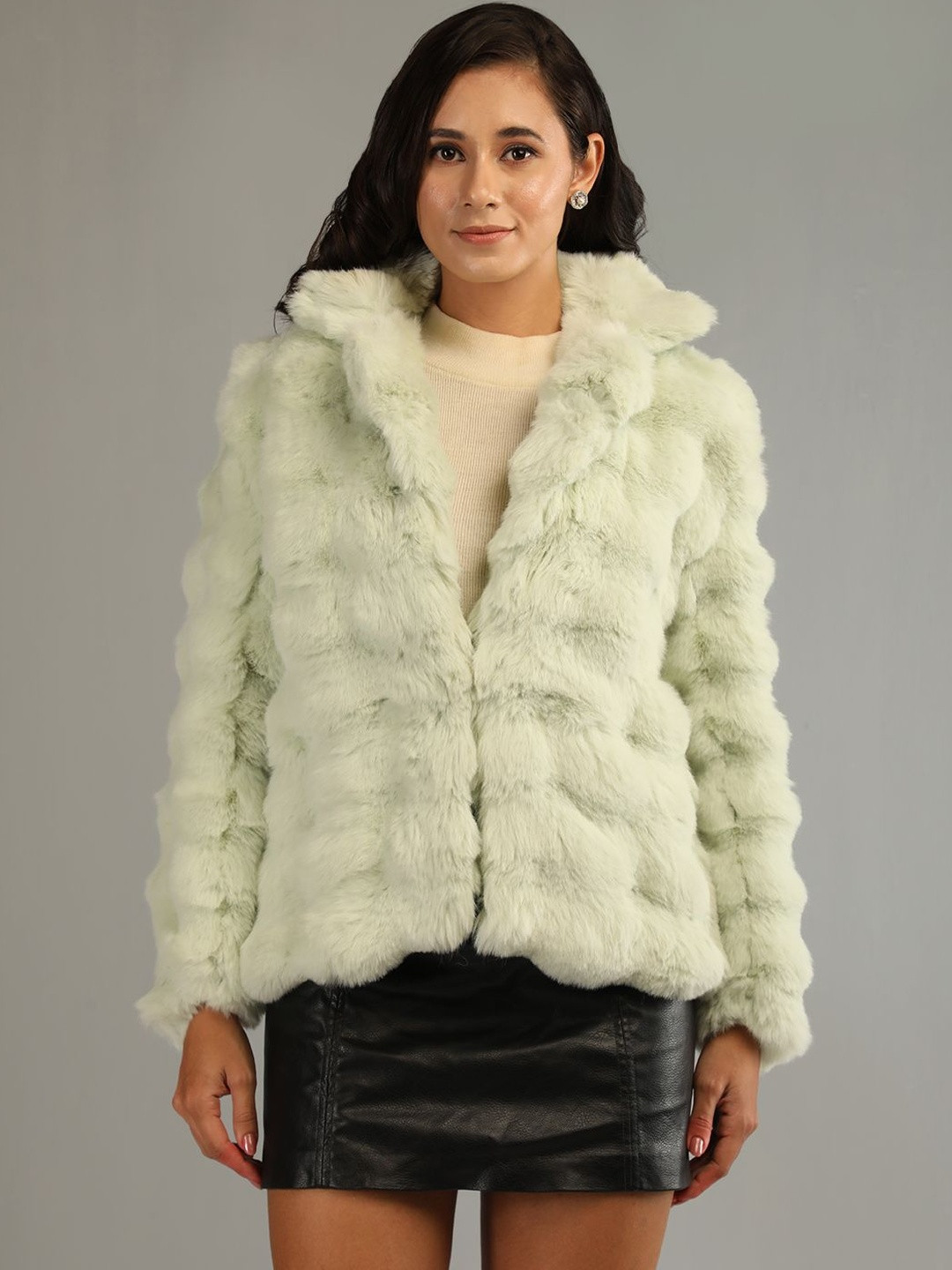 Roadster Women Green Notched Lapel Long Sleeve Faux Fur Pea Coat