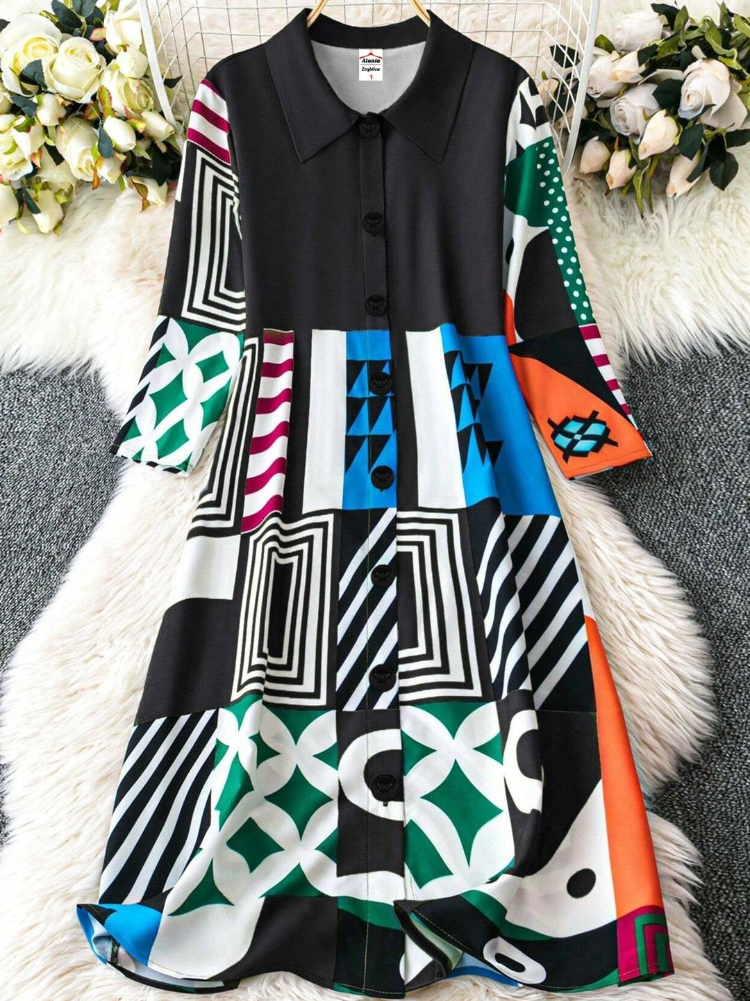 ALANTA Girls Geometric Printed Georgette A-Line Midi Dress