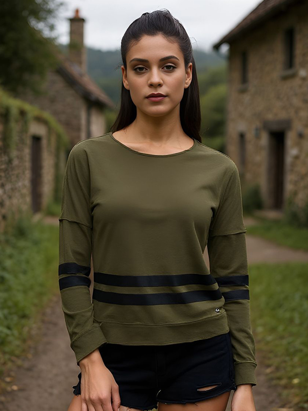 PINACOLADA Women Horizontal Stripes Striped Round Neck Long Sleeves Top