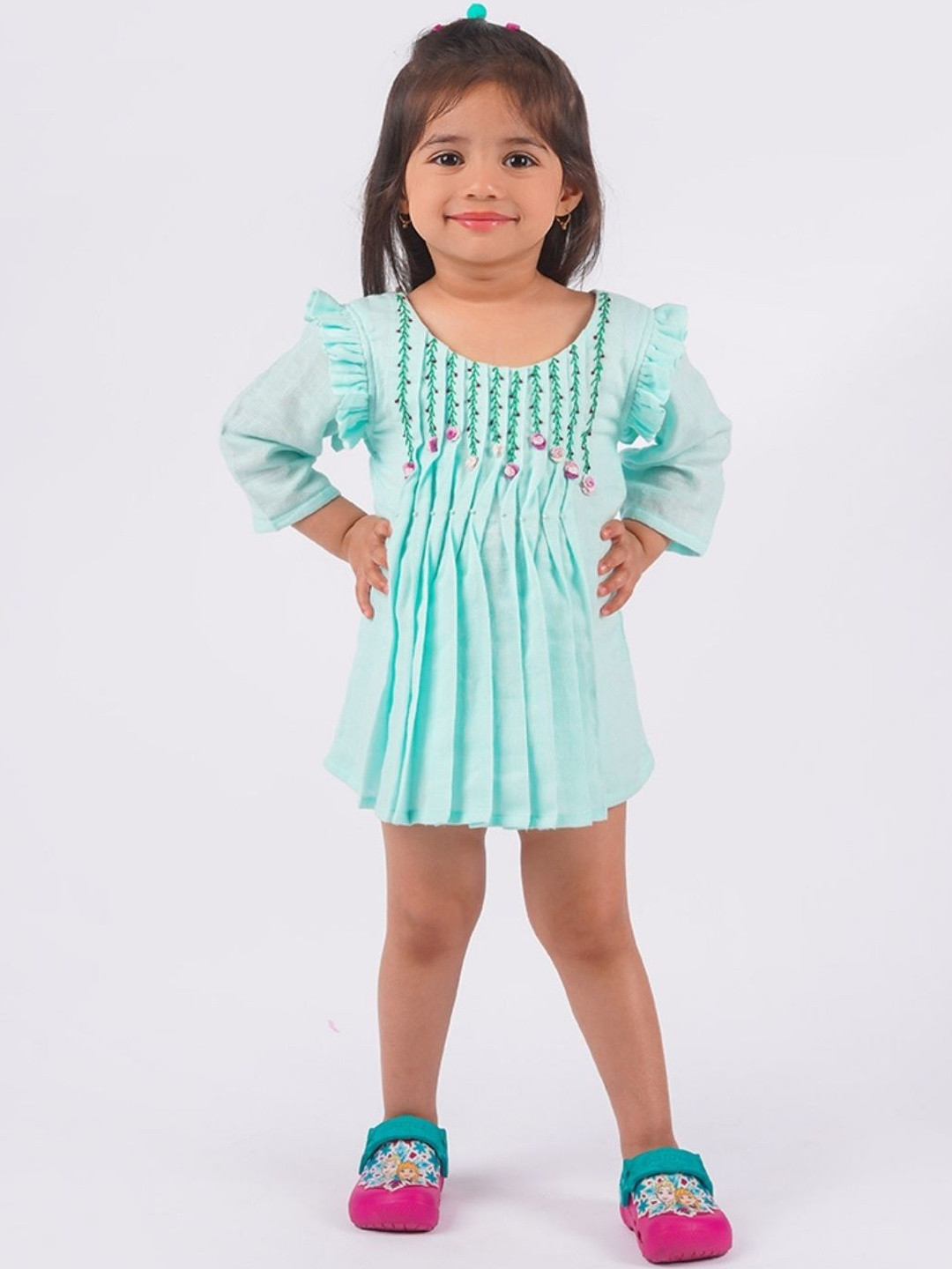 LOYZO-LOYAL TO JOY E Sea Green Soft Cotton with Hand Embroidery A-Line Frock