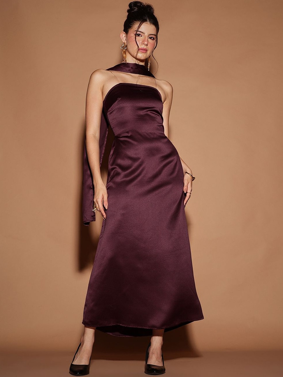 STREET 9 Satin Scandinavian Women Scarf Neck Smocked Sheath Midi Dress