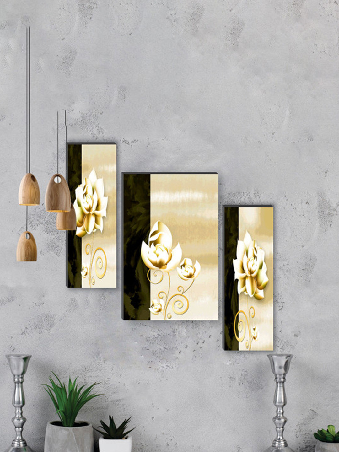 SAF Gold-Toned 3 Pcs Pretty Flowerpot UV Textured Self Adhesive Framed Wall Paintings