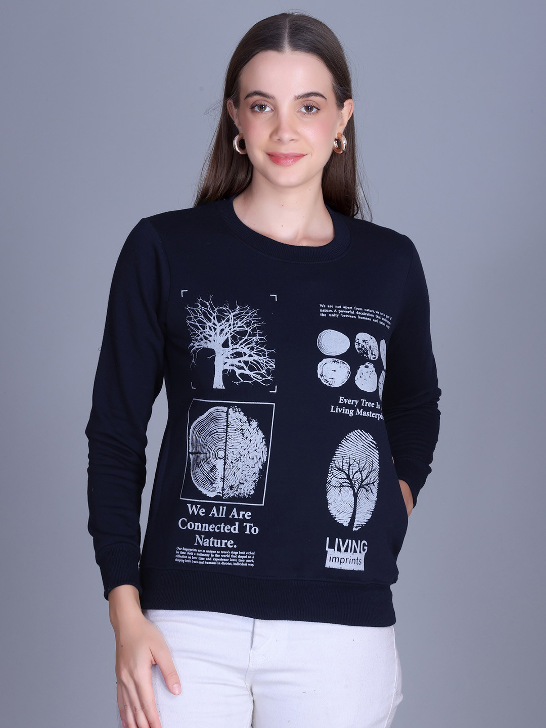 Roadster Women Navy Blue Round Neck Tree Printed Fleece Pullover Sweatshirt