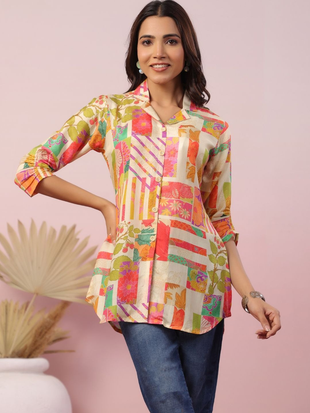 KALINI Women Multicolor Polyester Printed Shirt Collar Tunic
