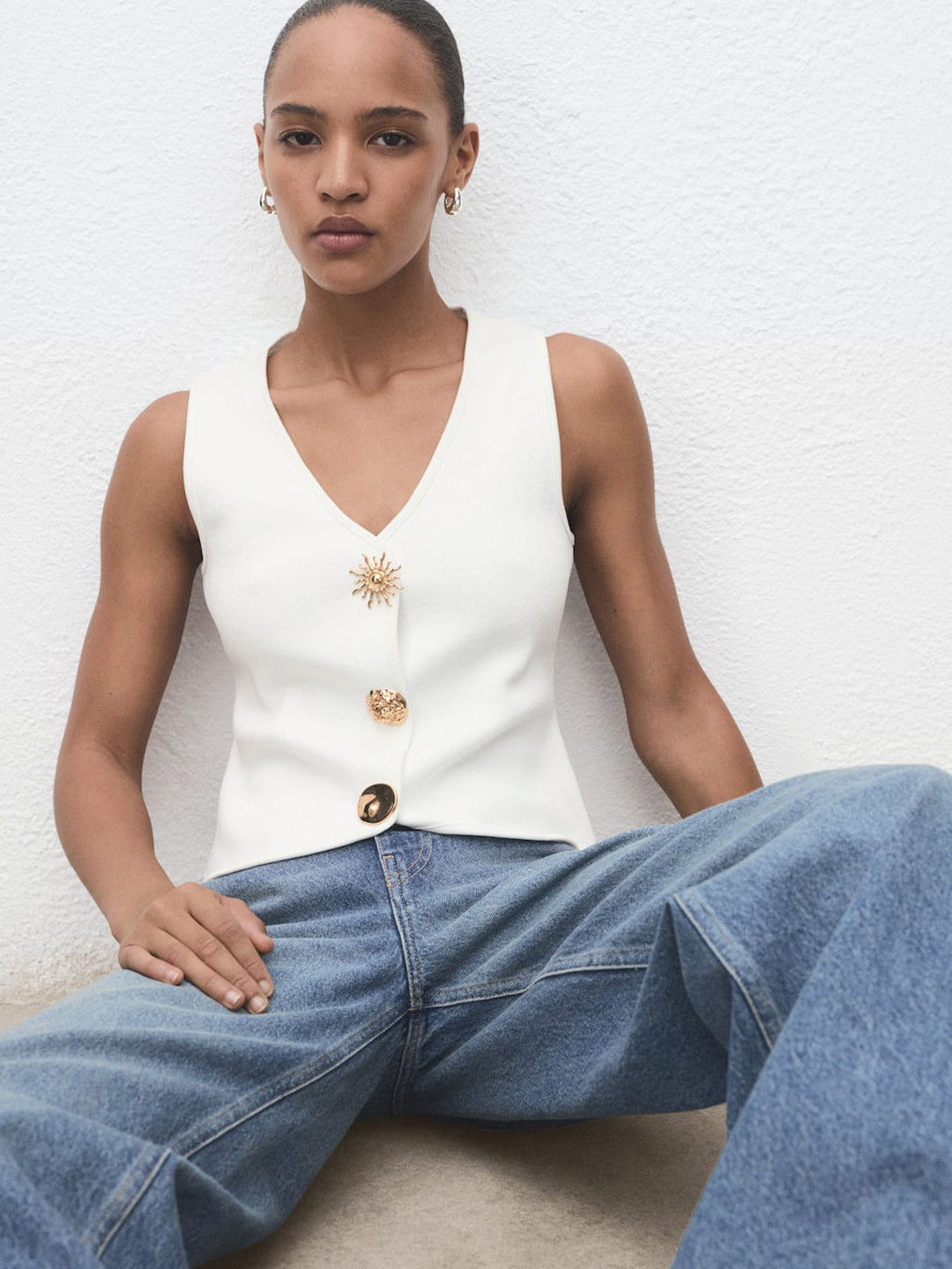 MANGO Knitted V-Neck Waistcoat With Jewel Button Detail