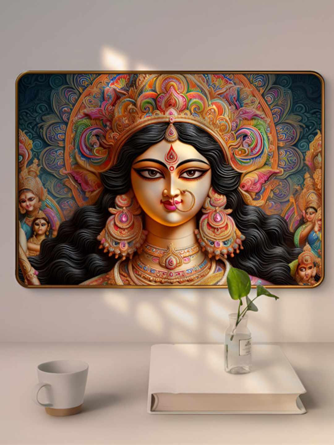 SAF Blue & Red Durga ma Sparkle Lamination Finished Wood Wall Painting