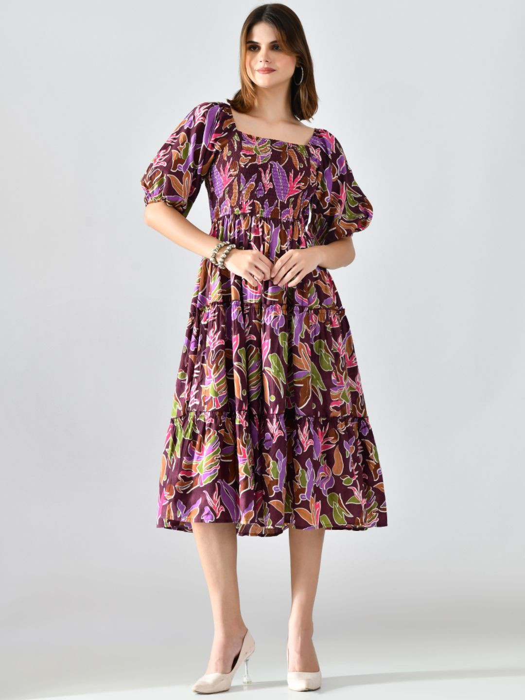 PTVIZE Abstract Printed Smocked Detail Puff Sleeve Crepe Fit and Flare Midi Dress
