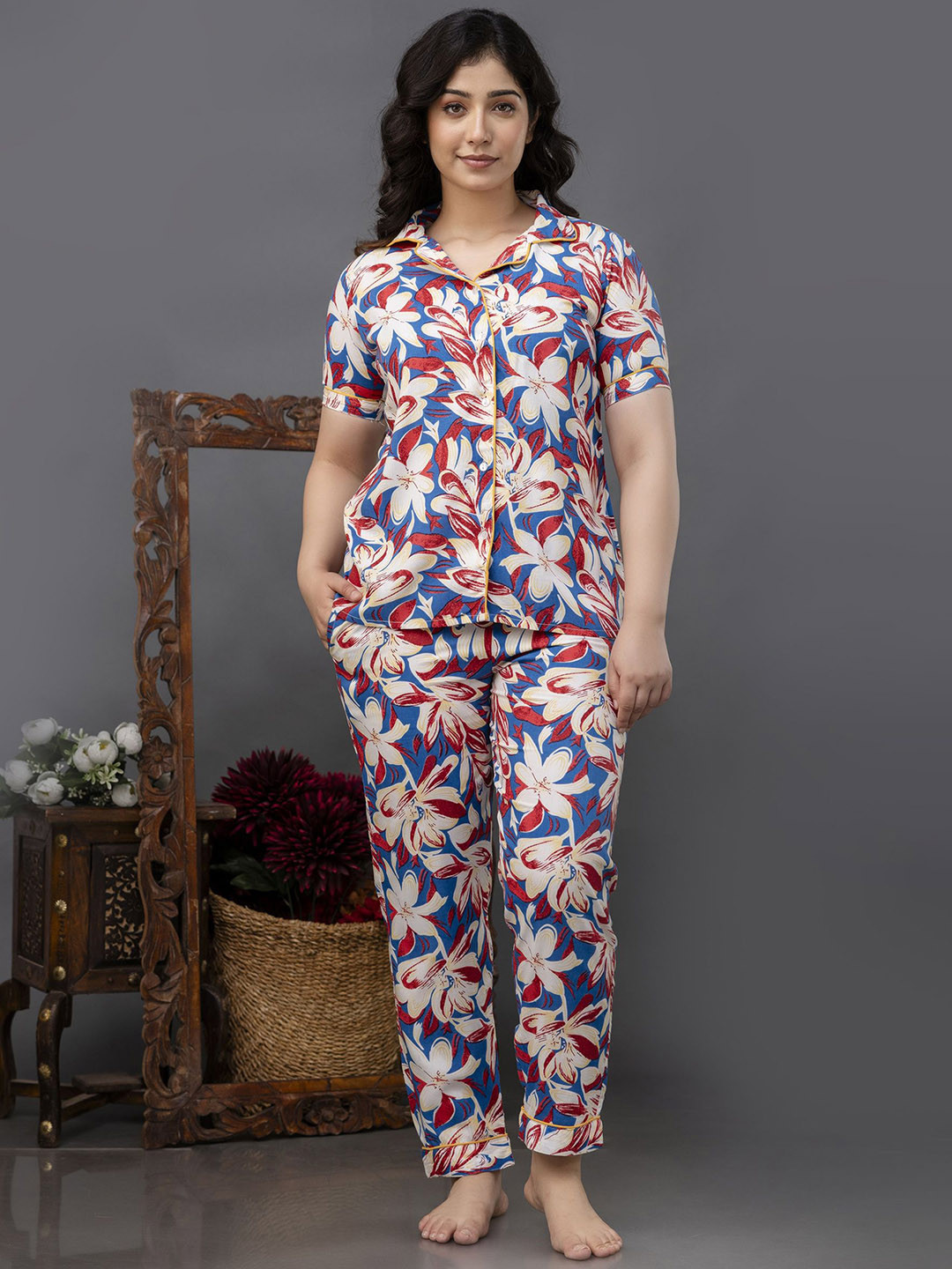 UrbanRang Women's Abstract Printed Shirt With Pyjamas Night Suit