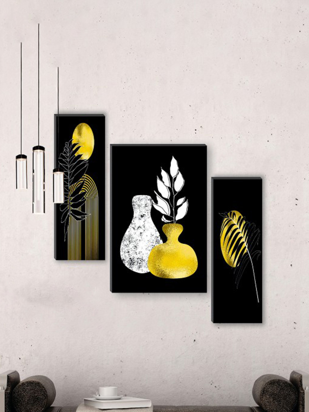 SAF Black & White 3Pcs Preety Flower Pot UV Textured Self Adeshive Frame Painting Wall Art