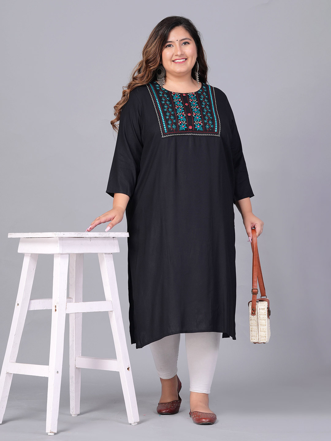BAESD Floral Embroidered Mirror Work Plus Size Straight Kurta