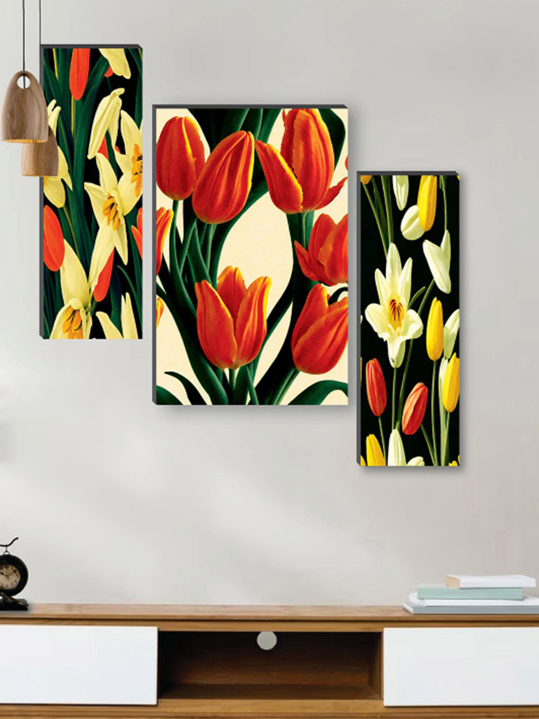 SAF Red & Green 3 Pcs Preety Flower Pot UV Textured Self adeshive Frame Wall Art